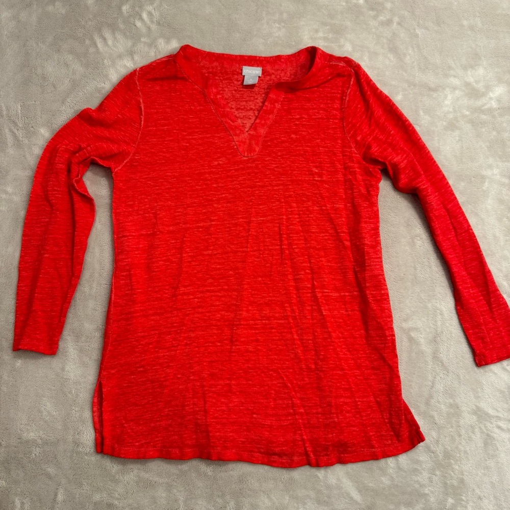 Chico's Linen Split Neck Tunic Red size 0‎